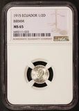 1915 Ecuador BIRMm 1/2 Decimo Silver Coin - NGC MS 65 - KM# 55.2