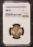 1928-B Switzerland 1 One Franc Silver Coin - NGC MS 65 - KM# 24