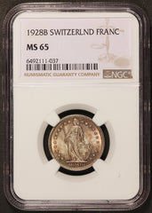 1928-B Switzerland 1 One Franc Silver Coin - NGC MS 65 - KM# 24