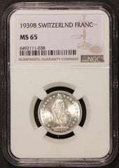 1939-B Switzerland 1 One Franc Silver Coin - NGC MS 65 - KM# 24