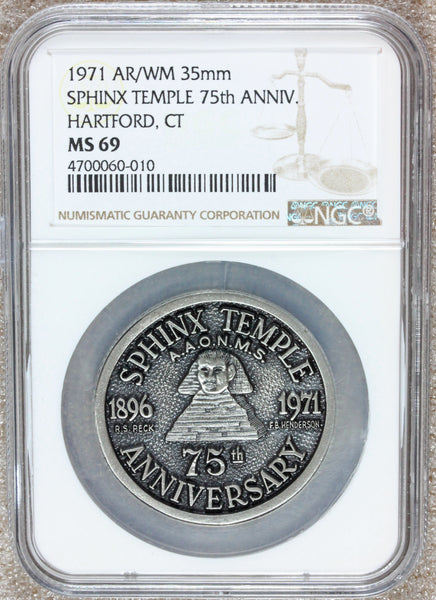 1971 Hartford, CT Shriners Sphinx Temple 75th Anniversary Silvered Medal - NGC MS 69
