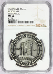 1969 Tilton, NH New Hampshire Centennial Sterling Silver Town Medal - NGC MS 67