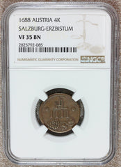 1688 Austria Salzburg-Erzbistum 4 Kreuzer Wine Token Coin - NGC VF 35 BN