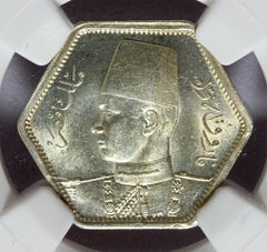 AH1363 (1944) Egypt 2 Piastres Silver Coin - NGC MS 63+ - KM# 369