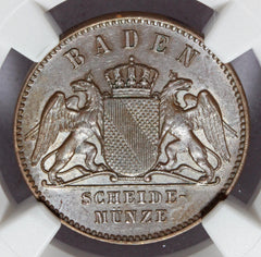 1868 Germany Baden Constitution 50th Anniversary 1 Kreuzer Coin - NGC MS 62 BN - KM# 250