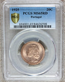 1925 Portugal 20 Centavos Bronze Coin - PCGS MS 65 RD - KM# 574