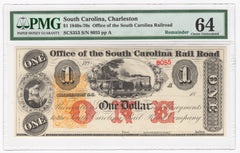 1840s-70s Charleston Office of South Carolina Railroad $1 Obsolete Bank Note - PMG UNC 64