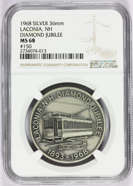 1968 Laconia, NH New Hampshire Diamond Jubilee Silver Town Medal - NGC MS 68