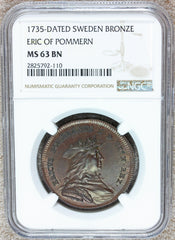 1735 Sweden Eric of Pommern Bronze Medal - NGC MS 63 BN