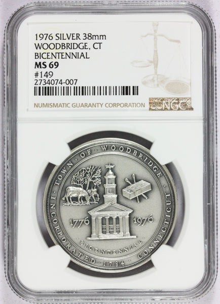 1976 Woodbridge, CT Connecticut Bicentennial Silver Town Medal - NGC MS 69