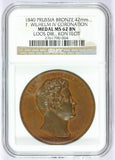 1840 Prussia F. Wilhelm IV Coronation 42mm Bronze Medal - NGC MS 62 BN