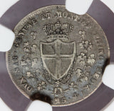 1829 Anchor P Italy Sardinia 25 Centesimi Silver Coin - NGC VF 25 - KM# 128.2