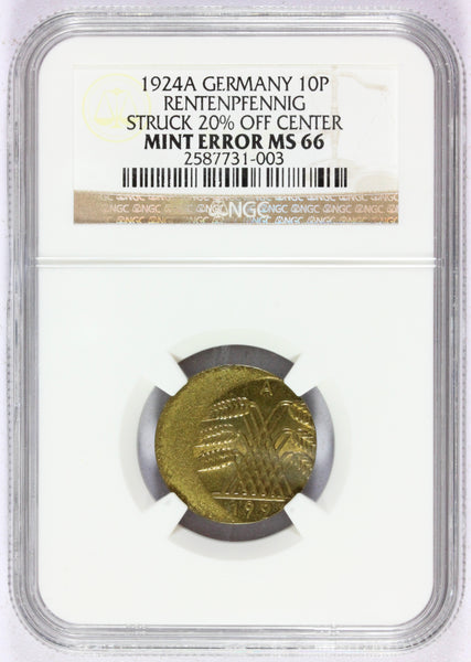 1924-A Germany 10 Ten Rentenpfennig 20 % Off Center Error Coin - NGC MS 66 - KM# 33