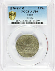 1870 (70) SN M Spain 2 Pesetas Silver Coin - PCGS AU 50 - KM# 654