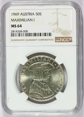 1969 Austria 50 Schilling Maximilian I Silver Coin - NGC MS 64 - KM# 2906