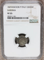 1829 Anchor P Italy Sardinia 25 Centesimi Silver Coin - NGC VF 25 - KM# 128.2