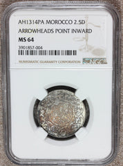 AH1314 PA (1896) Morocco 2.5 Dirhams Silver Coin - NGC MS 64 - Y# 11.2
