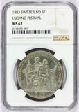 1883 Switzerland 5 Francs Lugano Shooting Festival Silver Coin - NGC MS 62 - X#S16