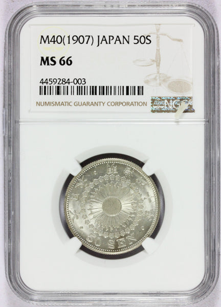 1907 M40 Japan 50 Sen Silver Coin - NGC MS 66 - Y# 31