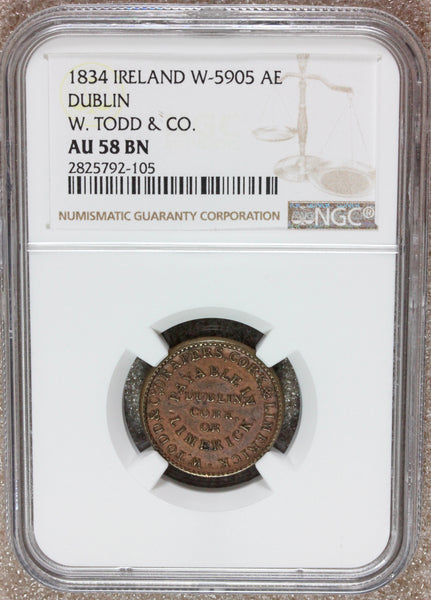 1834 Ireland Dublin W. Todd & Co Bronze Token Farthing - NGC AU 58 BN - W-5905
