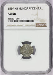 1559 KB Hungary Silver Denar Coin - NGC AU 58