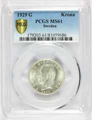 1929-G Sweden Krona Silver Coin - PCGS MS 61 - KM# 786.2