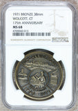 1971 Wolcott, CT Connecticut 175th Anniversary Bronze Town Medal - NGC MS 68