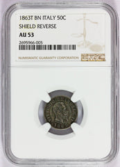 1863-T BN Italy 50 Centesimi Shield Reverse Silver Coin - NGC AU 53 - KM# 4a.2