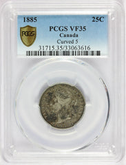 1885 Canada 25 Cents "Curved Top 5" Silver Quarter Coin - PCGS VF 35 - KM# 5