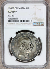 1903-E Germany Saxony 5 Five Mark Silver Coin - NGC AU 53 - KM# 1258