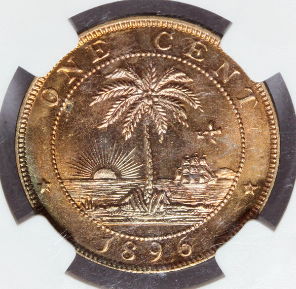 1896-H Liberia 1 One Cent Bronze Coin - NGC MS 64 RB - KM# 5