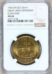 1936 Cleveland, OH Great Lakes Exposition Gilt Good Luck Token Medal - NGC MS 65