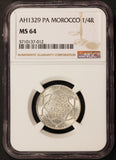 AH1329 (1911) PA Morocco 1/4 Rial Silver Coin - NGC MS 64 - Y# 23