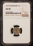 1677 Denmark 1 One Skilling Silver Coin NGC AU 58 - KM# 357
