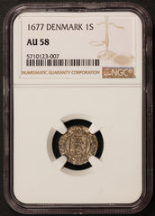 1677 Denmark 1 One Skilling Silver Coin NGC AU 58 - KM# 357