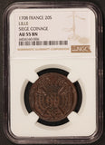 1708 France Lille 20 Sols Copper Seige Coin - NGC AU 55 BN - KM# 7