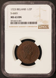 1723 Ireland 1/2 Half Penny Coin S-6601 - NGC MS 63 BN - KM# 117.4