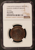 1738 Germany Johann Albrecht Brauns Bronze Jeton Rechenpfennig - NGC AU 58 BN