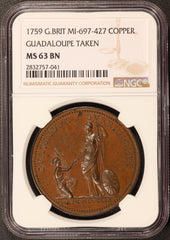 1759 Great Britain Guadeloupe Surrenders Bronze Medal MI-697-427 - NGC MS 63 BN