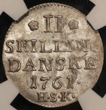1761 HSK Denmark 2 Skilling Silver Coin - NGC MS 63 - KM# 579.2