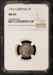 1763 Great Britain 3 Three Pence Silver Coin - NGC MS 63 - KM# 591