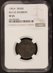1781-A French Colonies Isle De Bourbon 3 Sous Coin - NGC VF 25 - KM# 2