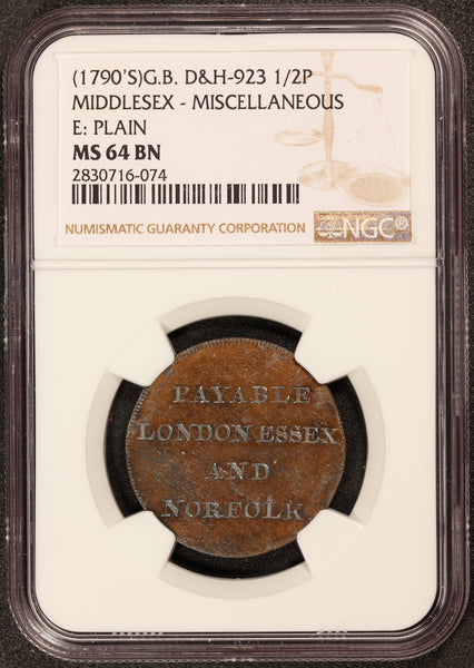 1790s Great Britain Middlesex Half Penny Conder Token D&H-923 - NGC MS 64 BN