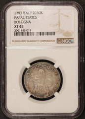 1793 Italy Papal States Bologna 20 Bolognini Silver Coin - NGC XF 45 - KM# 306