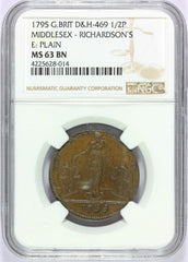 1795 Great Britain Middlesex Richardson's Half Penny Conder Token D&H-469 - NGC MS 63 BN