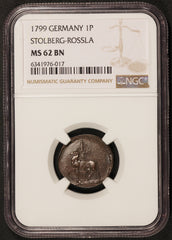 1799 Germany Stolberg Rossla 1 Pfennig Coin - NGC MS 62 BN - KM# 24