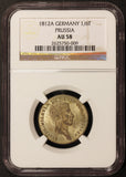 1812-A Germany Prussia 1/6 Thaler Silver Coin - NGC AU 58 - KM# 385