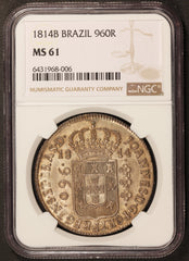 1814-B Brazil 960 Reis Silver Coin - NGC MS 61 - KM# 307.1