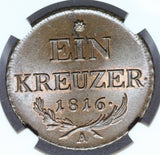 1816-A Austria 1 Kreuzer Copper Coin - NGC MS 65 BN - KM# 2113