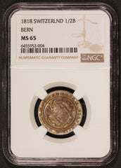 1818 Switzerland Bern 1/2 Batzen Silver Coin - NGC MS 65 - KM# 176